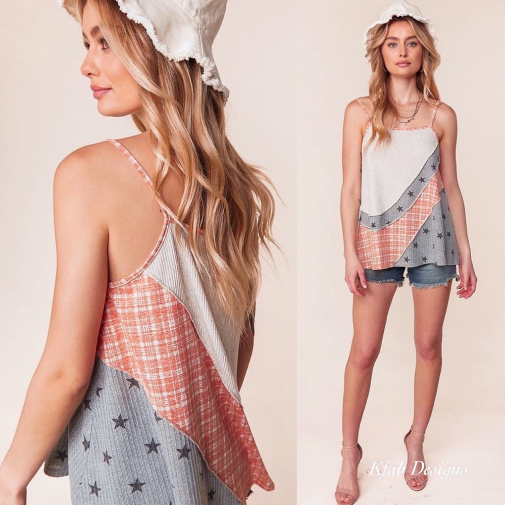 ❤️Tank SALE! Limited! Color Block ⭐️ Star/Plaid Print Linen Reverse Stitch Top! - Picture 5 of 7